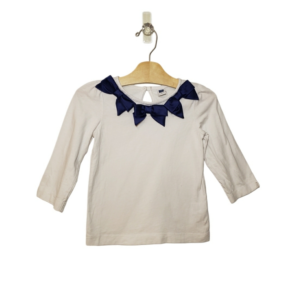 Janie and Jack Size 5 White Three Quarter Sleeve Top with Navy Satin Bows